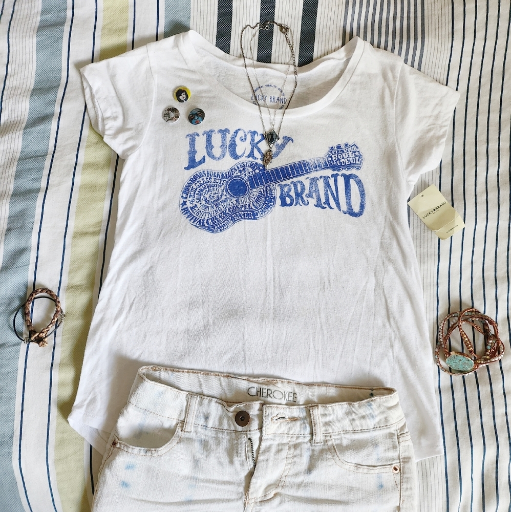 Lucky Brand high-to-low t shirt womens white cobalt blue